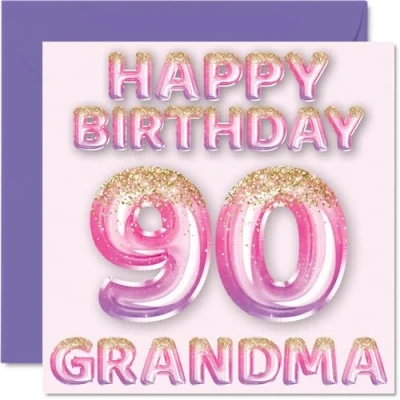 Image of 90th Birthday Card for Grandma Pink &amp; Purple Glitter Balloons Happy Cards 90 Year Old from Grandson Granddaughter, 145mm x Bday Greeting Gift