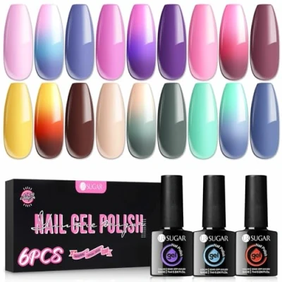Image of UR SUGAR Colour Changing Gel Nail Polish Set, 6 Colours Thermal Mood Temperature Change Rainbow Pink Purple Blue Soak Off Home DIY Manicure Gift Box For Women