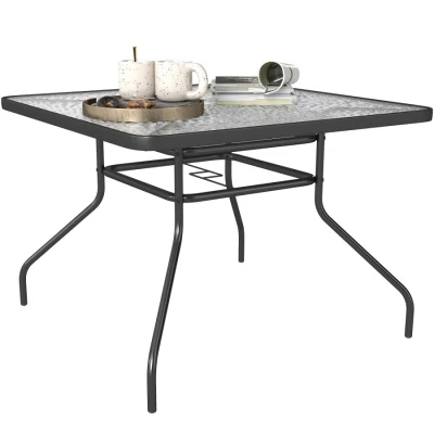Image of Outsunny Square Outdoor Patio Table, Tempered Glass Top Garden Dining Table with Steel Frame &amp; Umbrella Hole, 100 x cm
