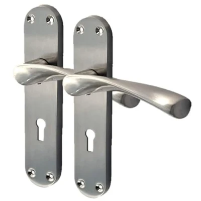 Image of Epsom Door Handle Internal Satin Nickel Twist Set, Interior Lock Lever on Long Back Plate, Latch, Privacy Lockable for Bathroom, Bedroom, Front