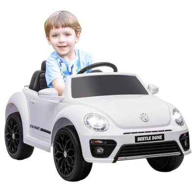 Image of AIYAPLAY Volkswagen Beetle Licensed Ride on Car, 12V Battery Powered Kids Electric Car with Remote Control, 4 Spring Suspension Wheels, Soft Start, HeadLights, FM Radio, Music, Horn, White