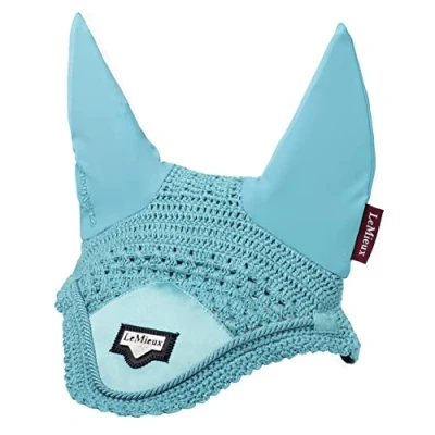 Image of LeMieux Loire Horse Fly Hood in Azure Stylish Hand Knitted Crotchet Soft Stretchy Comfortable Lycra Ears Satin Front Protection Mask X Large
