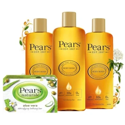 Image of Pears Body Wash (3 x 250 ml) Pure and Gentle Original &amp; Naturalé Soap Aloe Vera 100g