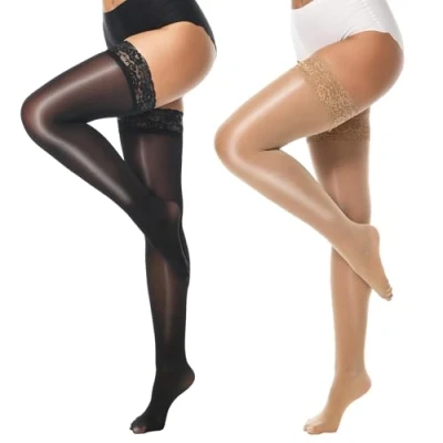 Image of MANZI Shiny Thigh High Stockings Sexy Hold Ups Silky Sheer Lace Top Stocking for Women Black and Natural S M