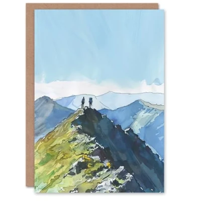 Image of Artery8 Greeting Card Hikers on Helvellyn Mountain Ridge Landscape Blank For Him Or Her Art Farewell