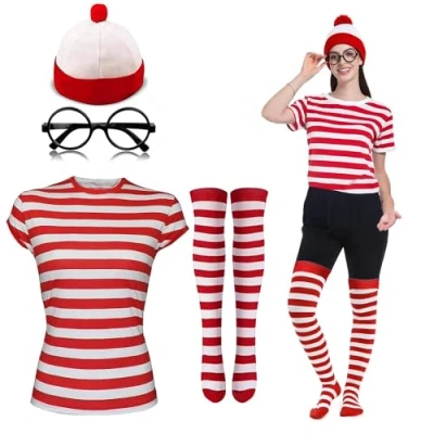 Image of Gizelle LADIES WOMEN&#039;S GIRLS WHERES WALLY STRIPS T SHIRT KIT HEN PARTY COSTUME BOOK DAY (S, Red &amp; White)
