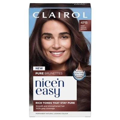 Image of Clairol Nice n’ Easy Pure Brunettes Hair Colour and Rich Brown Tones Smooth, Natural With Pre Serum 100% Grey Coverage 4PB Deep Mocha Permanent Dye