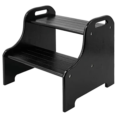 Image of VaeFae Bamboo 2 Step Stool with Non Slip Treads and Cutout Handles (Black)
