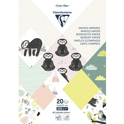 Image of Clairefontaine Ref 95280C Printed Paper Pad (Pack of 20 Sheets) A5 Sized, 200gsm Paper, Glued Pad, 2 Boards Labels &amp; Alphabet Stickers Provided Sloth Designs