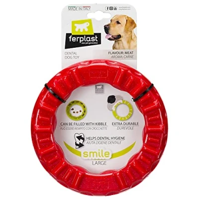 Image of Ferplast Dog Toy, Treat Dispenser Ring, Chew Made of Durable Material, Meat Flavoured, for Dental Hygiene, SMILE Fitness Large Size Toys, Red