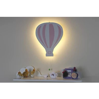Image of Marco Paul Pink Hot Air Balloon Wooden Night Light Wall Mounted Nursery Lighting Baby Kids Childs Room Lamp Bedroom Décor Bedside
