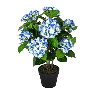 Image of HOMESCAPES Blue Purple Hydrangea Bush Artificial Plant in Black Pot 70 cm (2.3 ft) for Home Office Indoor Decoration