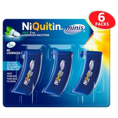 Image of NiQuitin Minis 2mg Lozenge Bundle 360 Mini Lozenges 6 x 60 Count (Pack of 3 20 Each) Effective Smoking Craving Relief Practical Pocket Sized Container