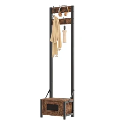 Image of VECELO Hall Tree with Shoe Storage Organizer, Entryway Coat Rack, Tall Clothes Stand Freestanding Hooks for Mudroom, Hallway, Bedroom, Metal Frame, Industrial, Easy Assembly, Rustic Brown