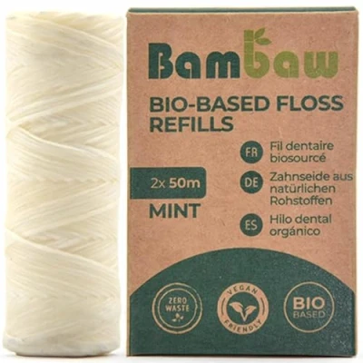 Image of Bambaw Eco Refill Vegan Dental Floss PLA Natural with Corn Starch Refillable Tooth Organic Tape Non Plastic 2x50 Meter Mint