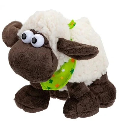 Image of VFM Woolly Sheep 22cm Plush With Comical Eyes &amp; Green Star Scarf Super Fluffy Fleece Cream Brown Fabric Farmyard Animal Toy For Kids Cuddle Crew