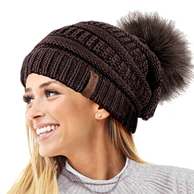 Image of TOSKATOK® Ladies Textured Knit Beanie Hat with Detachable Faux Fur Pom Buy 1 2 Poms… Chocolate