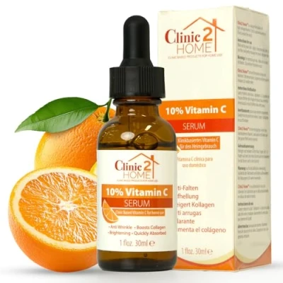 Image of Clinic2Home Vitamin C Serum for Face Powerful 10% Vit Dark Spots, Wrinkles &amp; Fine Lines Anti Aging, Collagen Boosting Skin Brightening Pure Facial Care