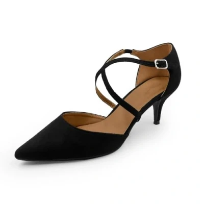 Image of Womens Court Shoes Ankle Strap Low Kitten Heel Ladies Comfort Plus Large Size Wedding Evening Party Classic Work Black Faux Suede
