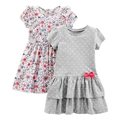 Image of Simple Joys by Carter&#039;s Toddler Girls&#039; Short Sleeve and Sleeveless Dress Sets, Pack of 2, Grey Hearts/White Floral, 3 Years