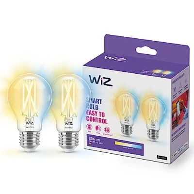 Image of WiZ Smart Bulb, E27 Clear Light Dimming LED, Connected WiFi Works with Alexa, Google Assistant &amp; HomeKit, App Control for Livingroom, Bedroom, Dining Room, Energy Monitoring, 2 Pack