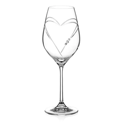 Image of Diamante Swarovski White Wine Glass &#039;Hearts&#039; Hand Cut Design Embellished with Crystals in Gift Box