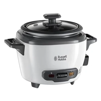 Image of Russell Hobbs Small Rice Cooker, 3 portions of (0.4 L), 600 grams at a time, Automatic Warming Function, Stainless Steel/White, Non Stick Coating, Steam Exhaust, 200 Watt, 22.2 x 16.8 17.2 cm