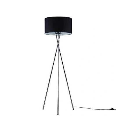 Image of MiniSun Modern Brushed Chrome Metal Tripod Floor Lamp with a Black Drum Shade Complete 6w LED GLS Bulb [3000K Warm White]