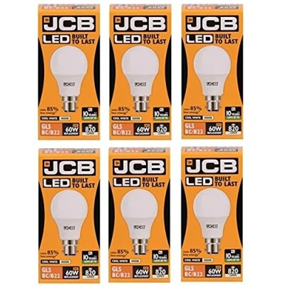Image of 6 X JCB 60w Bayonet Cap LED GLS Light Bulb B22 BC Opal 4000k Cool White 820lm Replacement