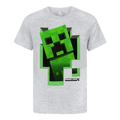 Image of Minecraft Boys T Shirt Green Creeper Kids Grey Short Sleeve Mojang Top 9 10 Years