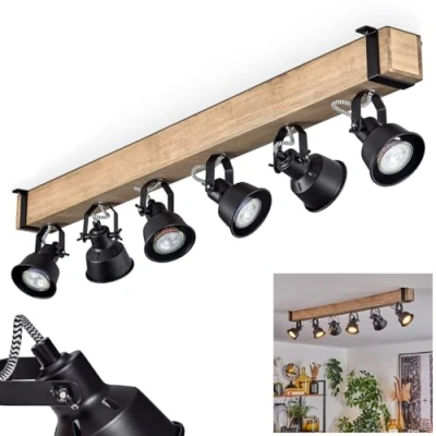 Image of hofstein Safari Ceiling Light, Modern lamp Made of Metal/Wood in Black/Natural Colour, Light Industrial Design with Adjustable Shades, 6 Lights, x GU10 Without Bulbs