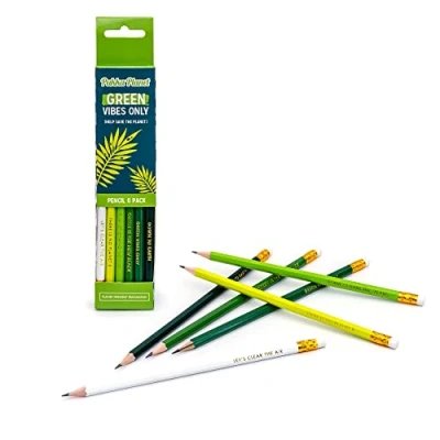 Image of Pukka Pad, Planet HB Pencils with Eraser Tip Pack of 6 Assorted Mottos in Gold Sustainable and 100% Recyclable Packaging Green Vibes