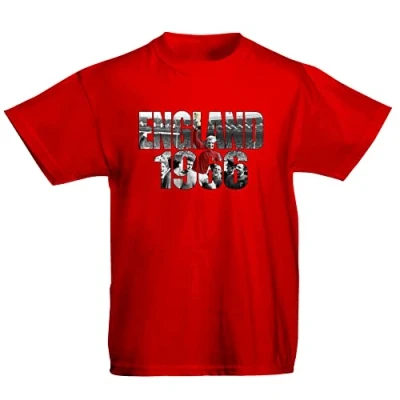 Image of Flip Youth Kids Childrens England 1966 World Cup Bobby Moore Photo Football T Shirt Red 9 11 Years (L)