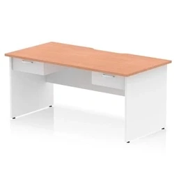 Image of Impulse 1600 x 800mm Scalloped Edge Straight Office Desk Beech Top White Panel End Leg Workstation 2 1 Drawer Fixed Pedestal