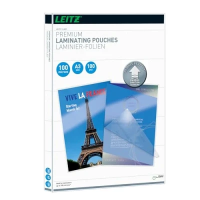 Image of Leitz 74870000 Laminating Pouches Made of 100 Micron Thick Material (Transparent, Glossy, A3 and UDT) Pack