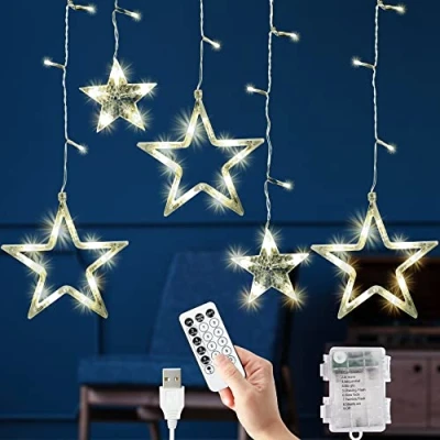 Image of GloBrite Christmas Curtain Lights, 12 Star &amp; 138 LED Lights Light, 8 Modes Decorations Window USB Battery Indoor (Warm White)