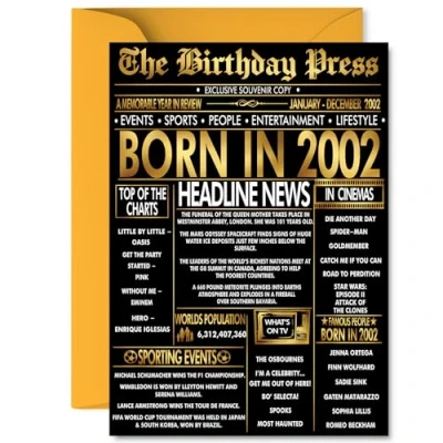 Image of Gold 23rd Birthday Card for Men Women Black &amp; Golden Newspaper Born in 2002 Happy 23 Cards Grandson Niece Cousin Brother Friend Nephew, A5 Bday Greeting