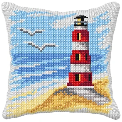 Image of Orchidea Cushion Cross Stitch Kit Light House Printed Canvas 4.5 Count For Adults 99026