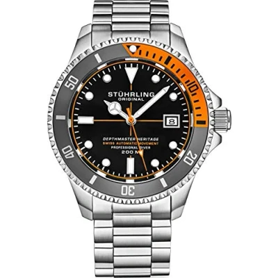 Image of Mens Swiss Automatic Stainless Steel Dive Watch, 200 Meters Water Resistant, Brushed and Beveled Bracelet with Safety Clasp Screw Down Crown