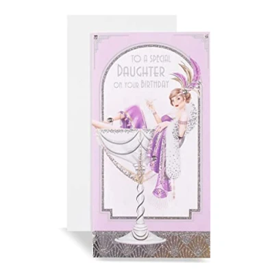 Image of Art Deco Lady Daughter Slim Glittered Birthday Card with Gem Detail