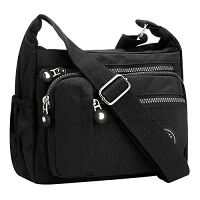 Image of Womens Multi Pocket Casual Cross Body Bag Travel Messenger Handbag for Shopping Hiking Daily Use (Black)(Size: One Size)