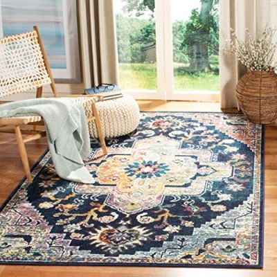 Image of SAFAVIEH Boho Rug for Living Room, Dining Bedroom Crystal Collection, Short Pile, in Navy and Fuchsia, 91 X 152 cm