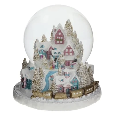 Image of Shudehill Giftware Deluxe Christmas Snowglobe Xmas Village, Train &amp; Santa Sleigh Themed (Train Pastel)