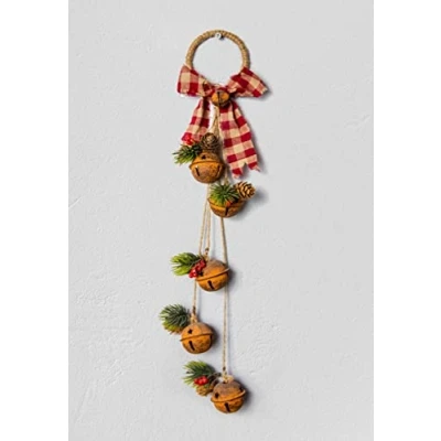 Image of 46cm Hanging Decorations Rustic Bells with Ribbon, Berries and Pinecones Christmas Home Wall Door Jingle Xmas Holiday DIY