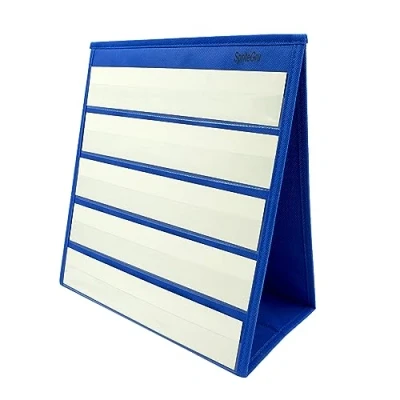 Image of Blue Tabletop Desktop Pocket Chart with Bonus 20X Dry Erase Cards. Double Sided and Self Standing (13 X 12)
