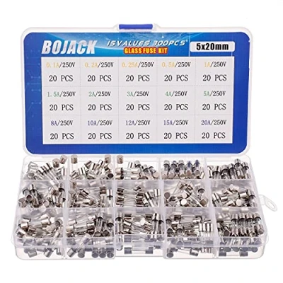 Image of BOJACK 15 Values 300pcs Fast blow Glass Fuses Assortment Kit 5x20mm 250V 0.1 0.2 0.25 0.5 1 1.5 2 3 4 5 8 10 12 20A packag in a clear plastic box