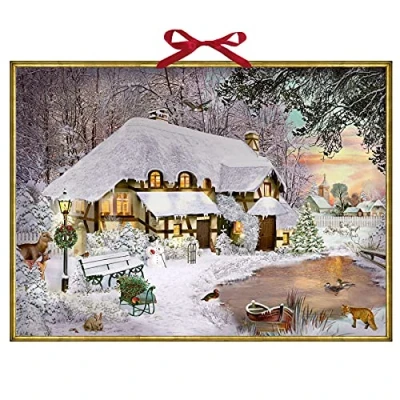 Image of Traditional Christmas Advent Calendar Winter Cottage In The Woods Snowman Picture