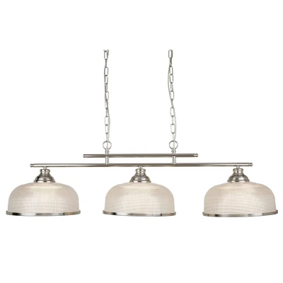Image of Bistro 3 Light Ceiling Pendant Bar Satin Silver, White with Glass Shades, E27