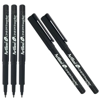 Image of artline Fine Tip BLACK CD DVD Marker Pen Fade Water Resistant For Most Surfaces (5 x Markers)