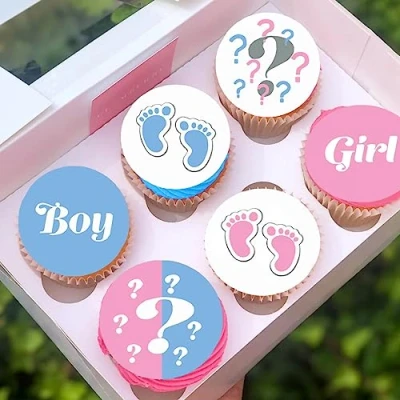 Image of 24 x Pre Cut Gender Reveal 3 Edible Stand up Wafer/Rice Paper Cupcake Cake Dessert Toppers Party Boy or Girl Baby Shower Decorations (Gender 3)